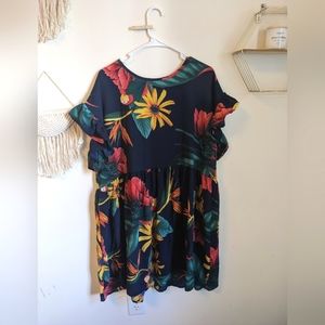 Shein navvy tropical floral print babydoll vacation sun dress ruffle cap sleeves